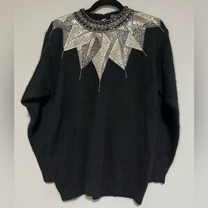 Vintage Diffusion Black Silver Beaded Sweater Size Medium Holiday Party 80s 90s